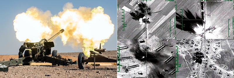Применение БПЛА в Сирии для корректировки высокоточных артиллерийских снарядов &#171;Краснополь&#187; при уничтожении техники и укрепленных объектов боевиков.