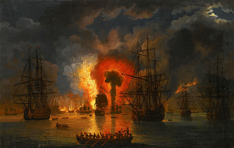 Взрыв турецкого корабля во время Чесменского сражения. Картина Якоба Филиппа Гаккерта, 1771 г.