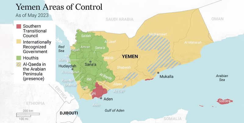 Карта Йемена, на которой зеленым помечена территория, контролируемая &#171;Ансар Алла&#187;.